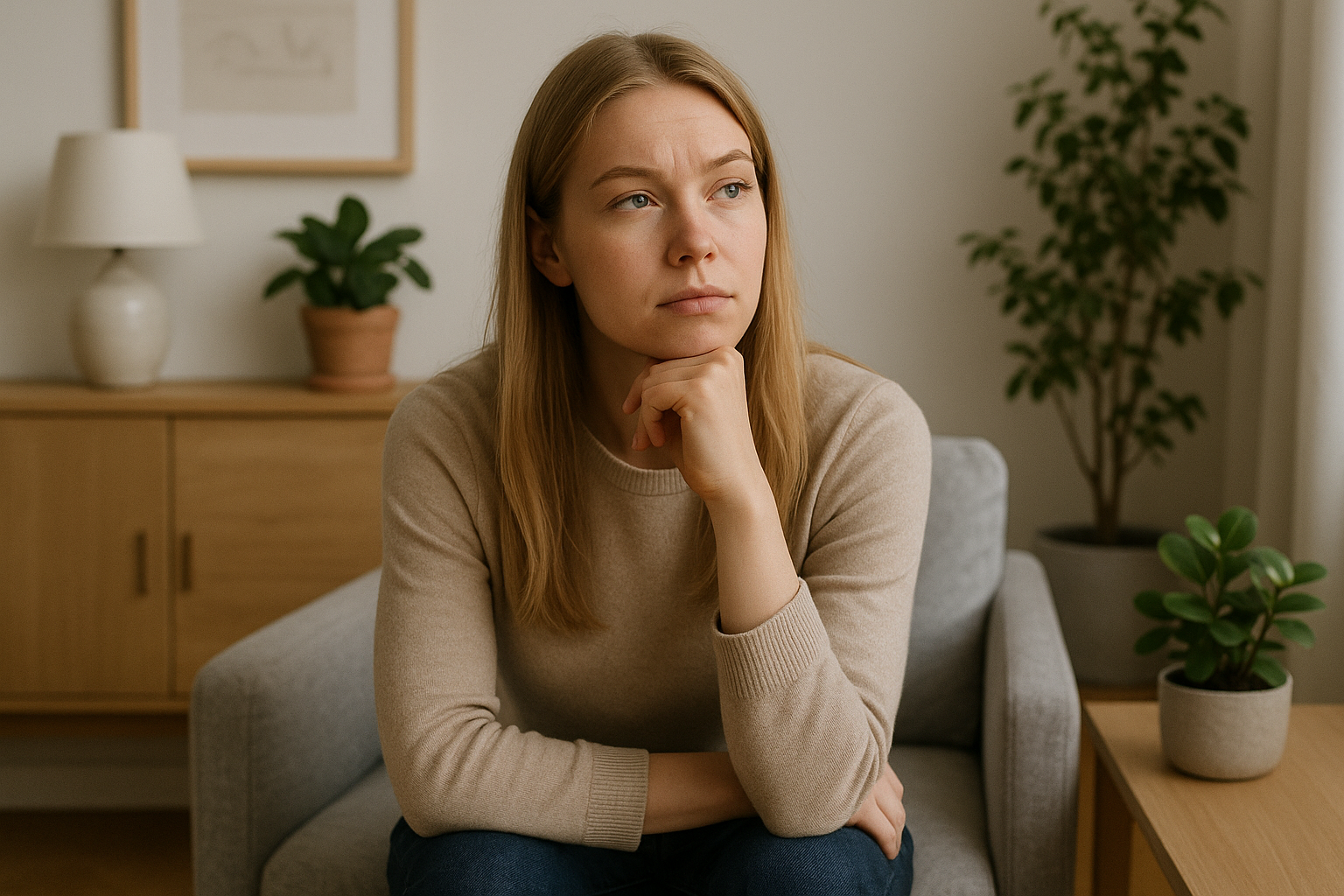Kvinna som funderar över ADHD-symptom och reflektion